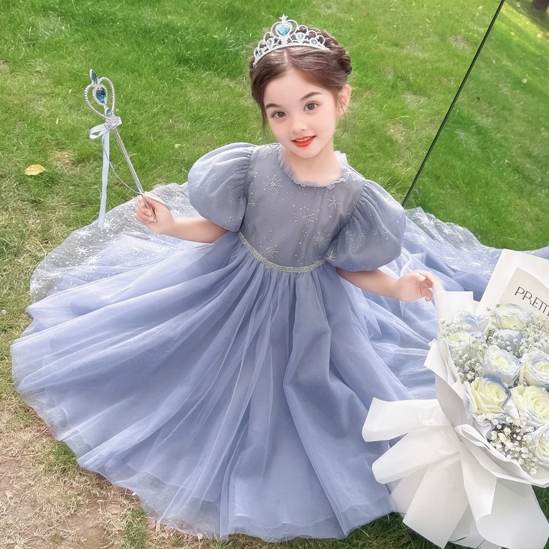 女童爱莎公主裙夏季2025新款小女孩泡泡袖冰雪奇缘连衣裙礼服纱裙