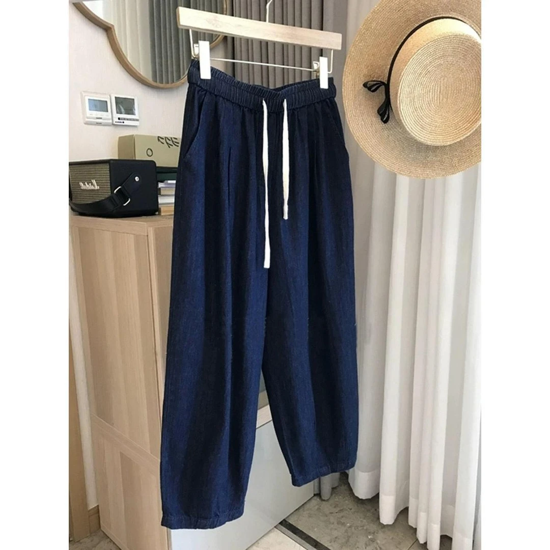 早秋款梨形身材大码复古九分阔腿牛仔裤女遮肉显瘦超柔香蕉阔腿裤