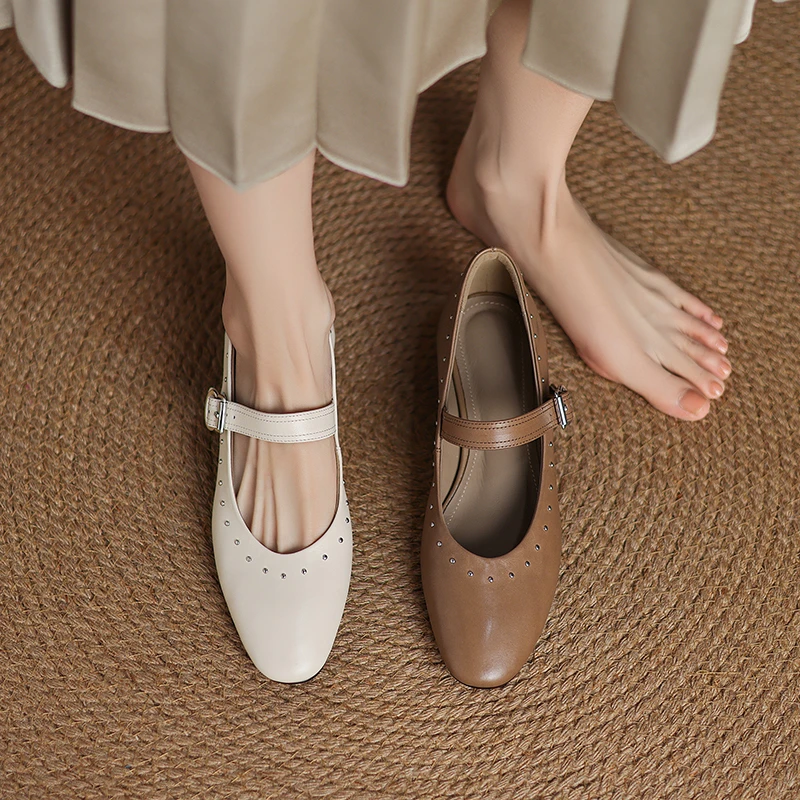 超软水洗牛皮3公分一字带粗跟玛丽珍鞋女春秋圆头复古浅口单鞋