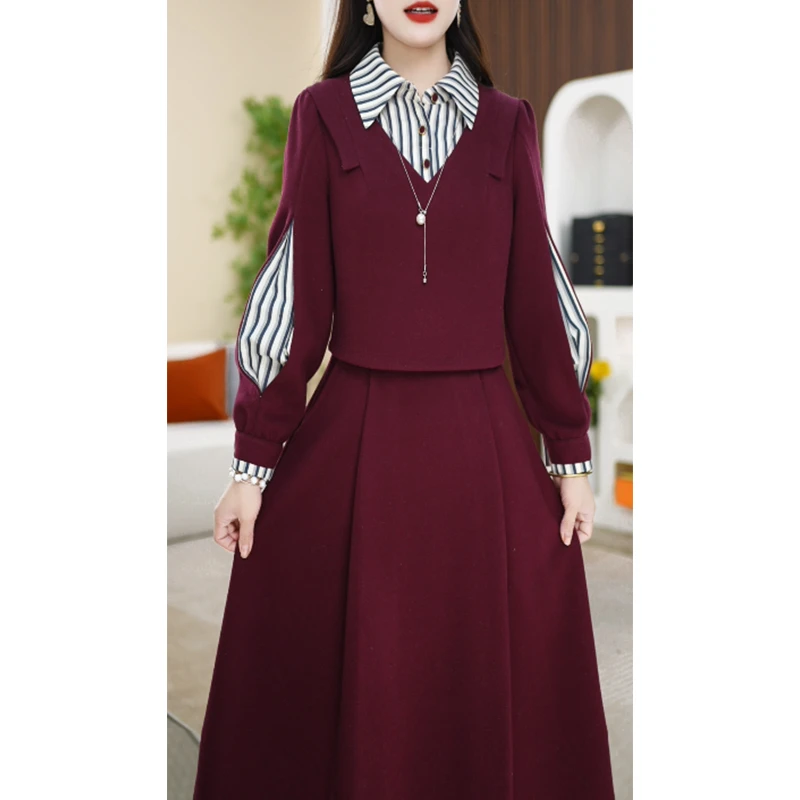 【连衣裙】冬季设计感拼接长袖时尚中长款连衣裙M-4XL