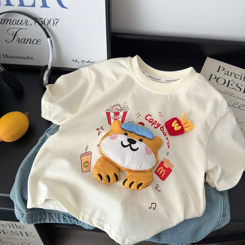 亲子装新款儿童时尚印花立体玩偶百搭休闲短袖卡通T恤