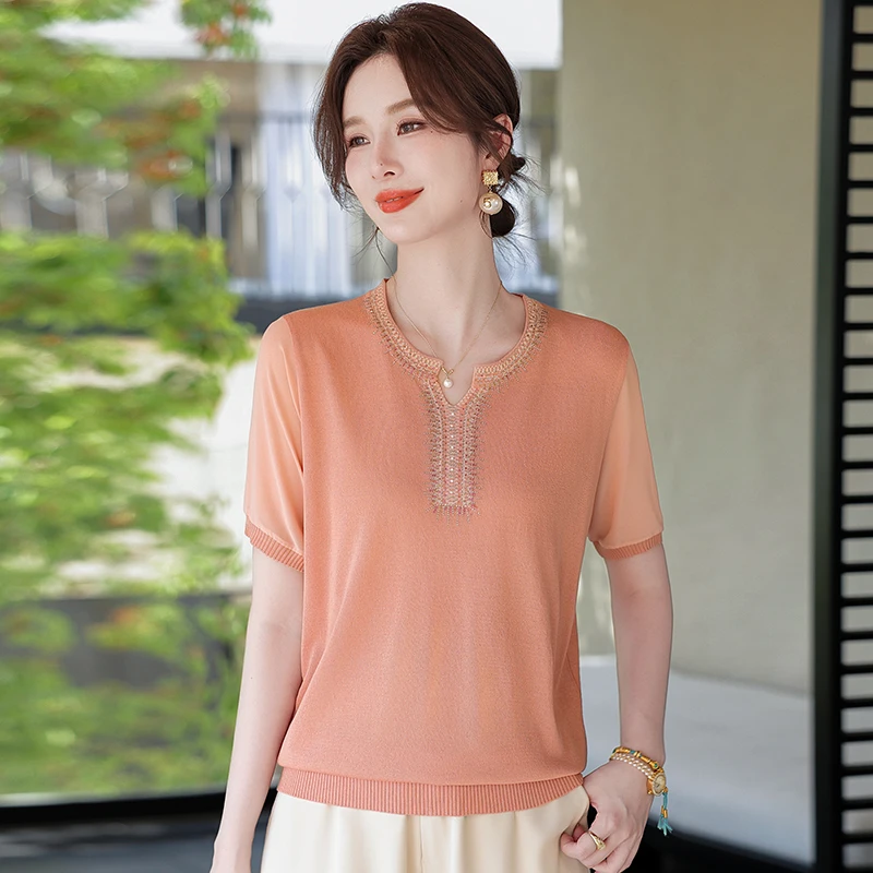 2025新款妈妈夏装短袖冰丝T恤洋气针织小衫中老年女装遮肚上衣