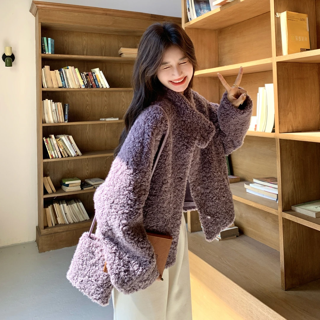 香芋紫羊羔毛棉服外套女冬季新款小个子短款加绒加厚韩系气质棉袄