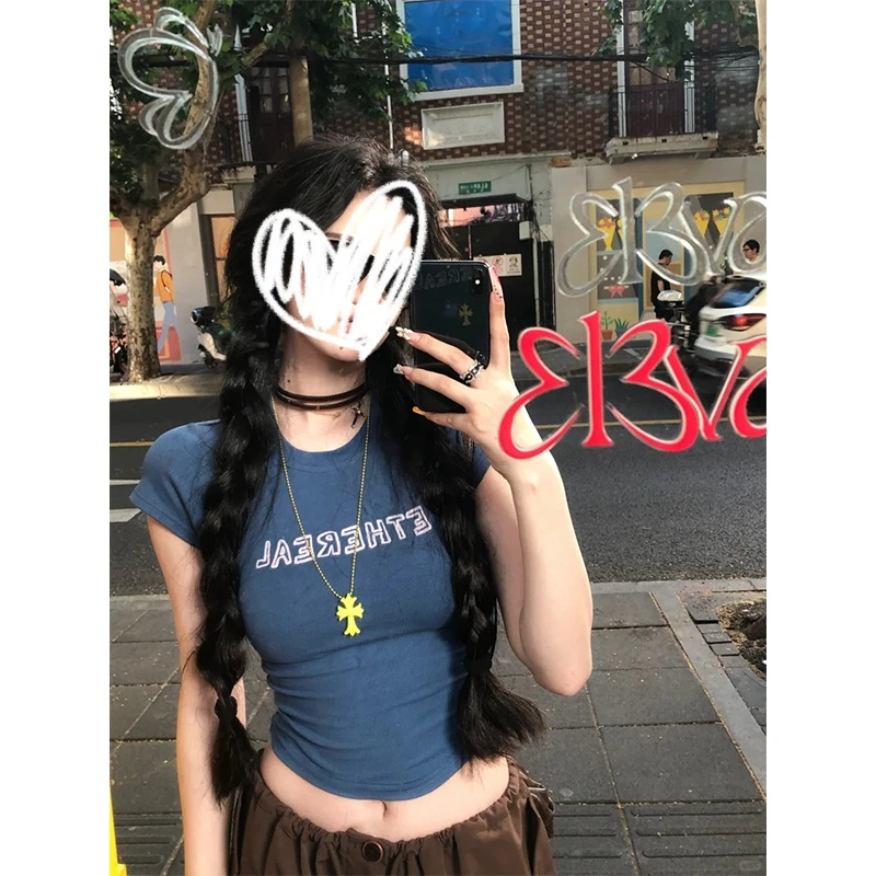 美式辣妹风独特漂亮圆领正肩短袖T恤女装夏季修身显瘦新款短上衣