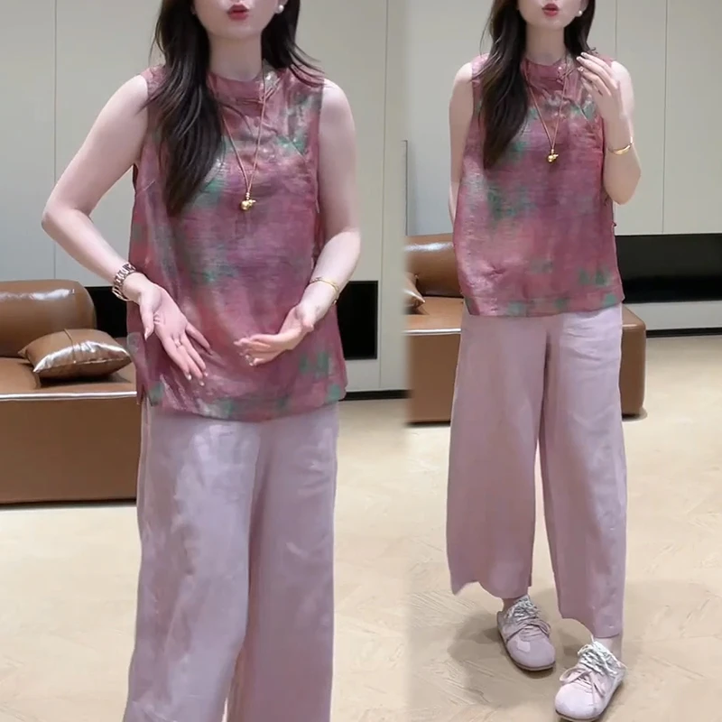 夏季新款提花无袖盘扣新中式上衣时尚+设计感裤子百搭时尚套装