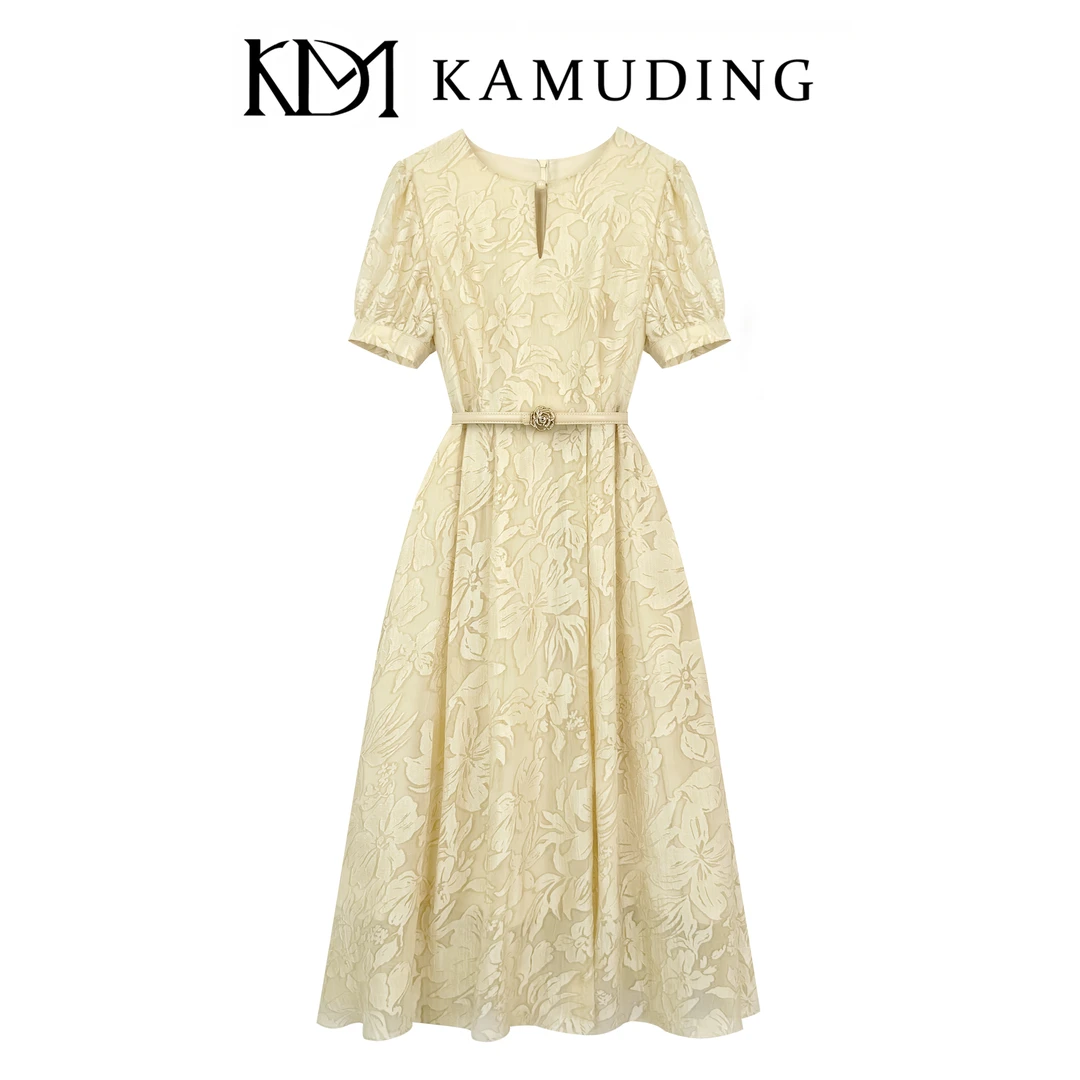 KAMUDING2025新款法式气质提花高级感花卉纹收腰连衣裙8792-1