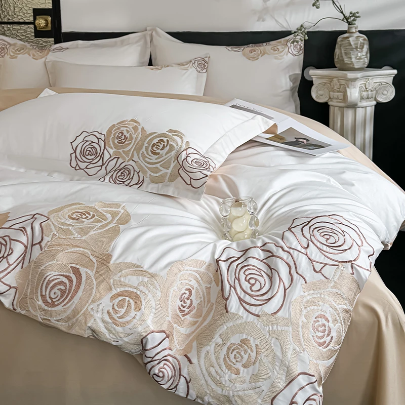 全棉新疆高支数长绒棉绣花轻奢工艺四件套高档酒店简约