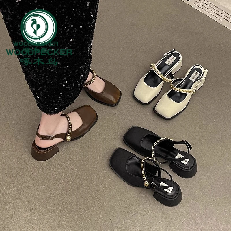 啄木鸟法式黑色高跟鞋包头凉鞋女2025新款春夏粗跟玛丽珍晚晚单鞋