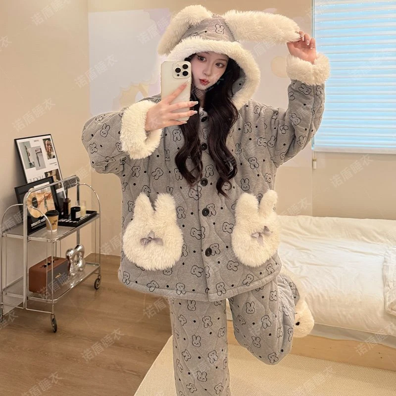 2025冬季三层夹棉加绒加厚保暖长毛绒睡衣女珊瑚绒宽松家居服外穿