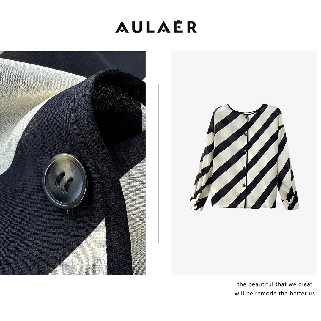 AULAER/澳拉尔【叶可可】轻奢桑蚕丝撞色斜条纹三穿衬衫ALE351111