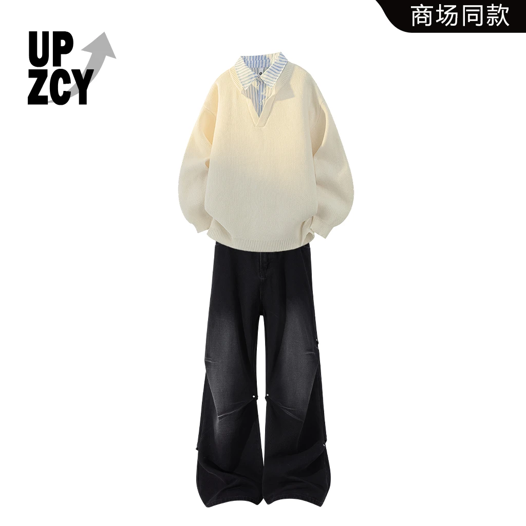 UPZCY假两件毛衣套装男秋冬宽松休闲肌理感潮流针织衫褶皱牛仔裤
