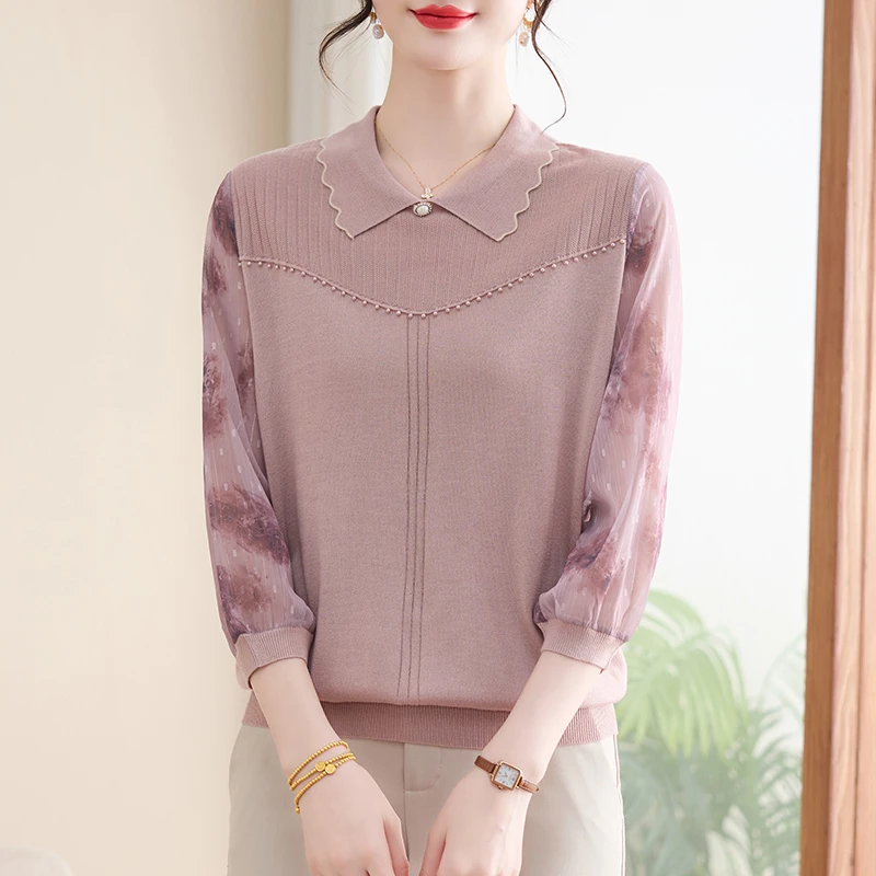 中老年半袖妈妈装2025新款时尚洋气上衣纱袖春夏季薄款女针织小衫
