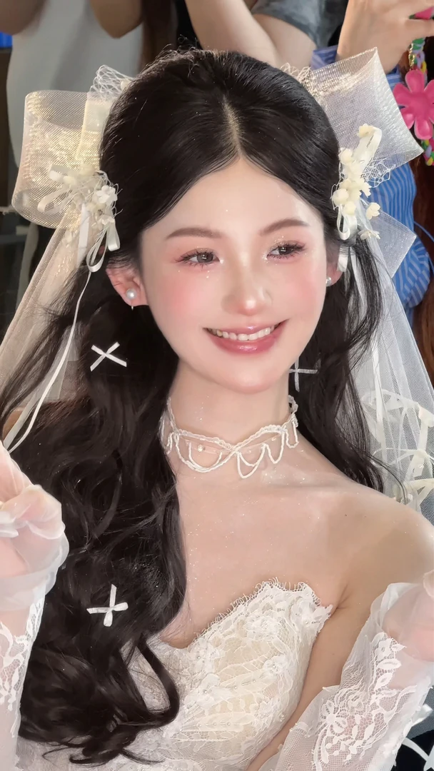 禧設新娘西式婚纱配饰蝴蝶结头纱F1390