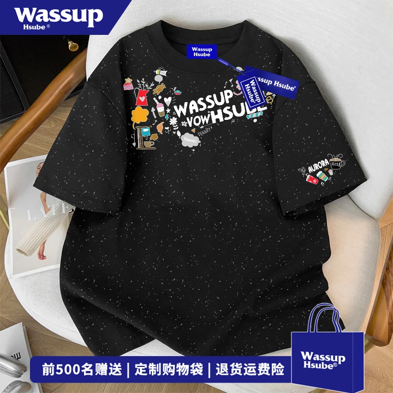WASSUP HSUBE美式潮流卡通印花短袖T恤男夏季街头黑色满天星上衣