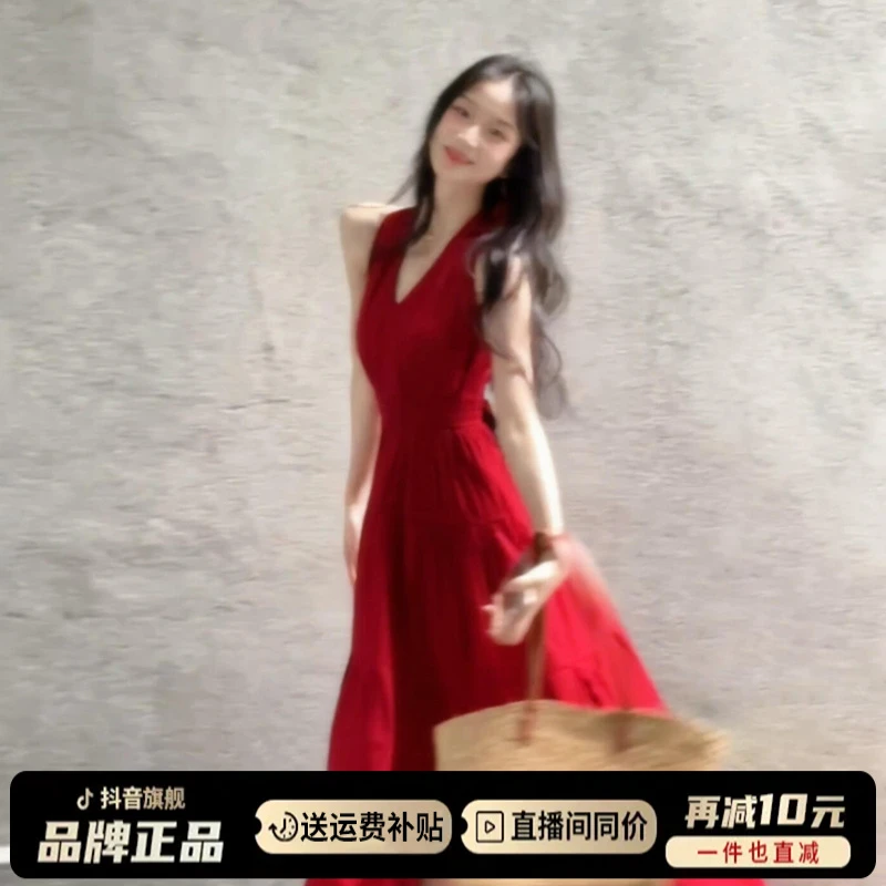 独特漂亮掐腰裙子2025新款今年流行爆款V领开叉连衣裙长裙女夏季