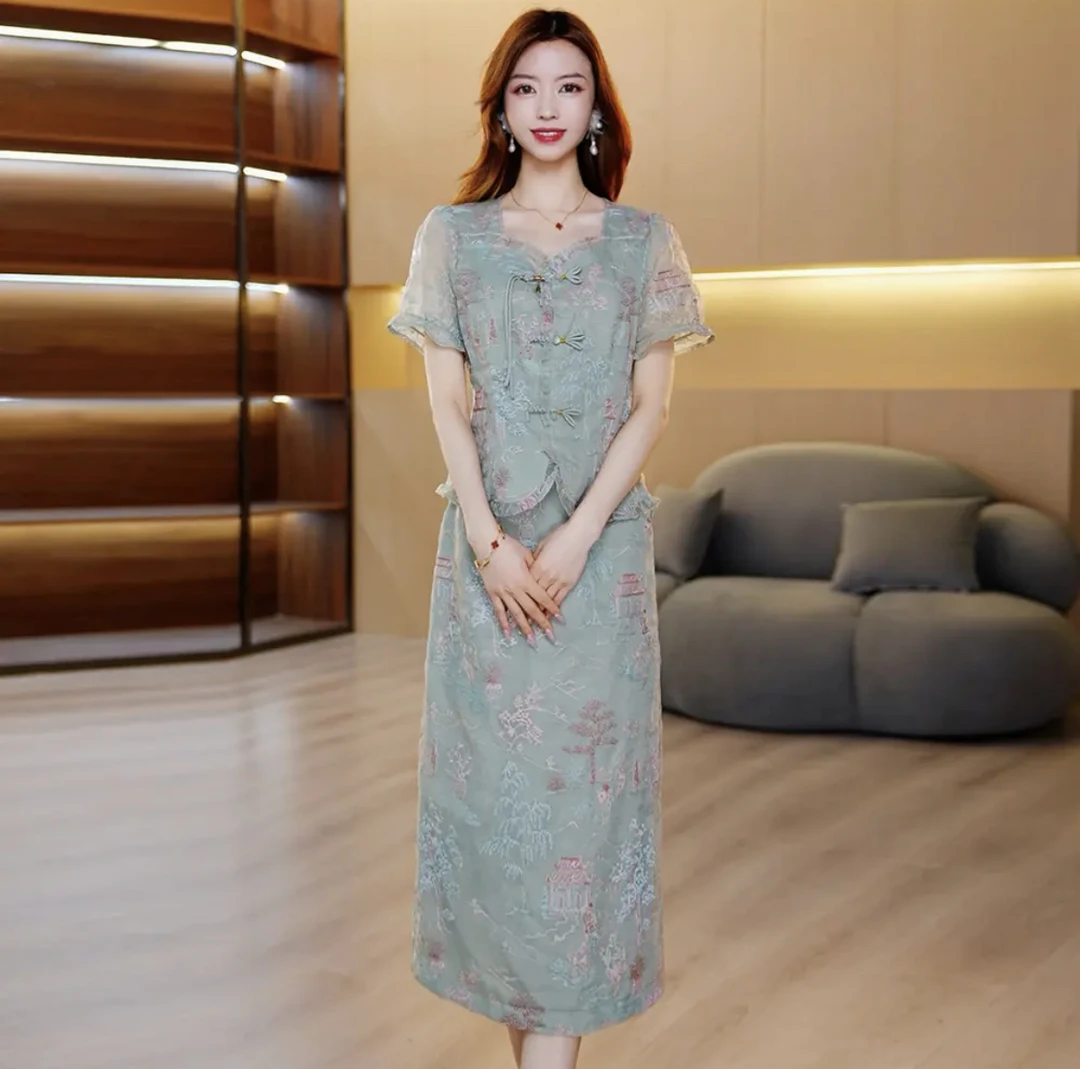JQ170春夏优雅气质修身国风刺绣套装 小衫+半身裙两件套