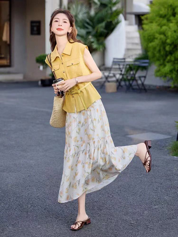 （88125）夏季新款衬衫腰带收腰马甲半身裙两件套