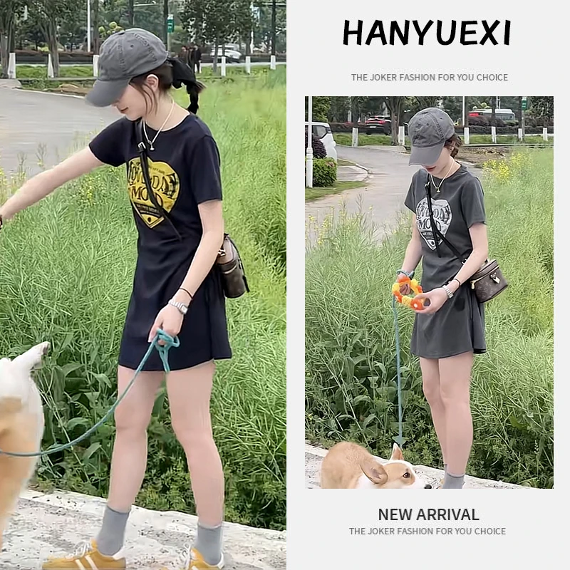 夏季时尚一整套女装2025新款爆款百搭印花抽褶裙子时尚短袖连衣裙