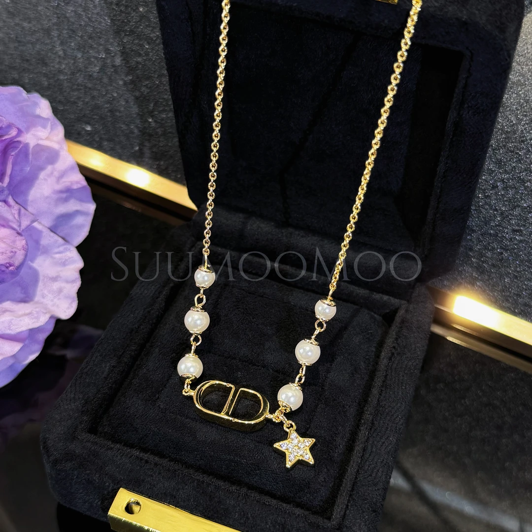 铜合金合成锆石项链 法式时尚小众金色猪鼻子项链星星珠珠项链