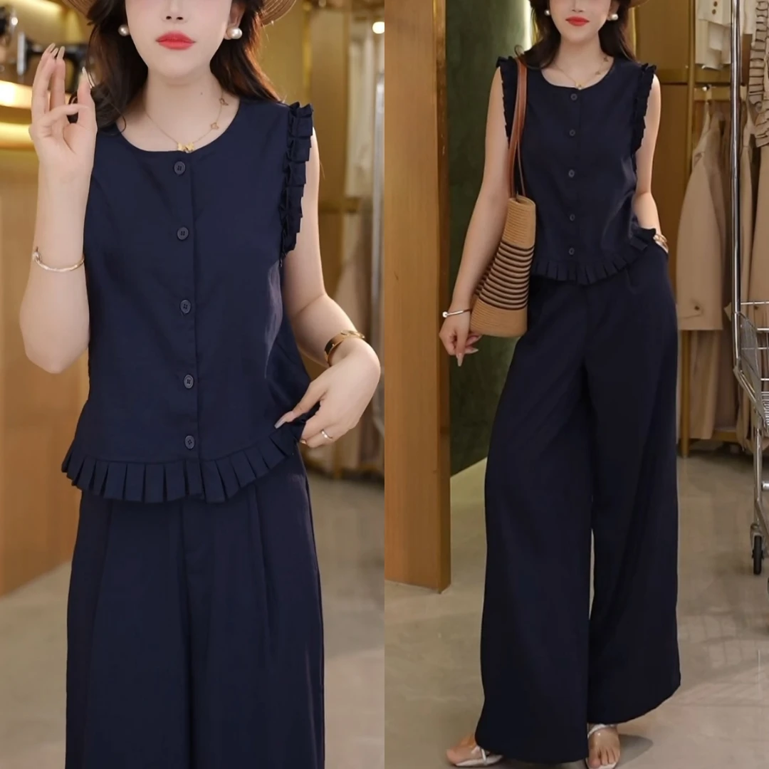 通勤百搭上衣宽松长裤套装夏季新款优雅气质休闲减龄纯色韩版套装