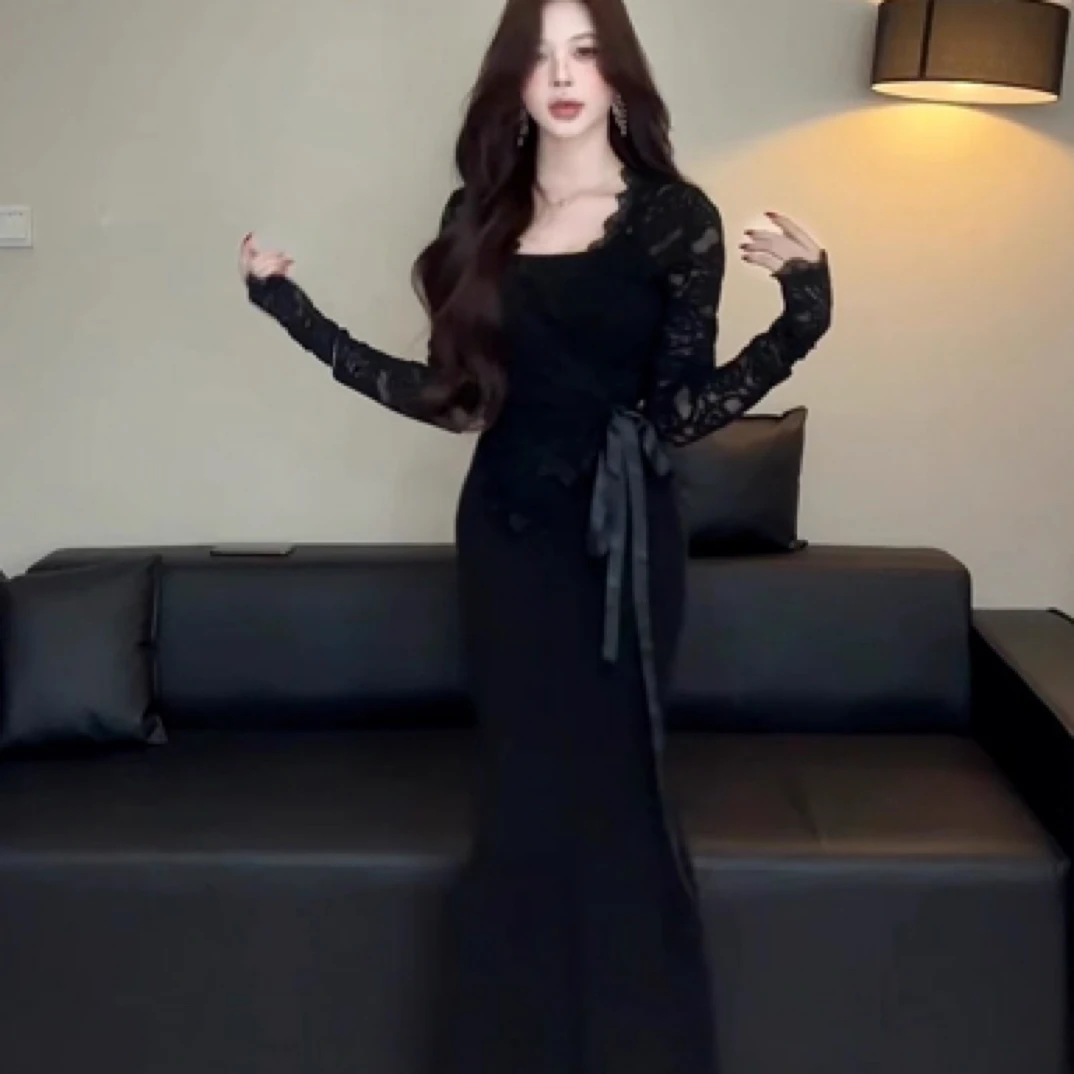 V81法式气质连衣裙子女秋冬新款修身显瘦穿搭一整套装长裙