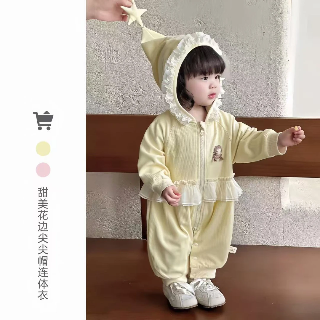 婴儿秋季衣服女宝宝韩版洋气连体衣幼儿连帽爬爬服公主满月百天朱