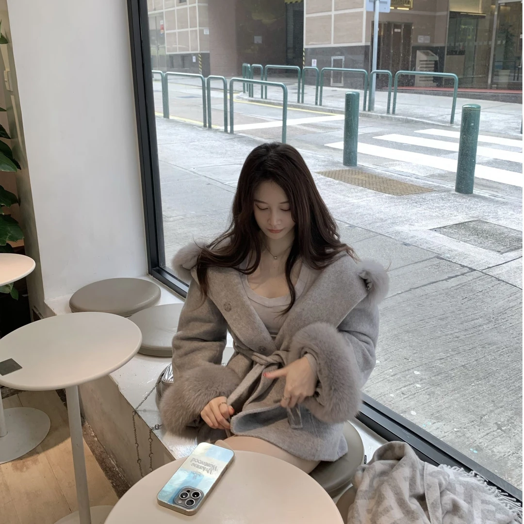 ke7en定染灰蓝色显白大衣可拆卸狐狸毛领中长款腰带大衣