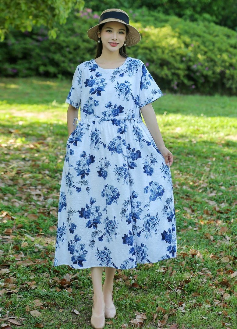 高品质竹节棉麻短袖洋气薄款系带收腰圆领印花连衣裙显瘦长裙大码