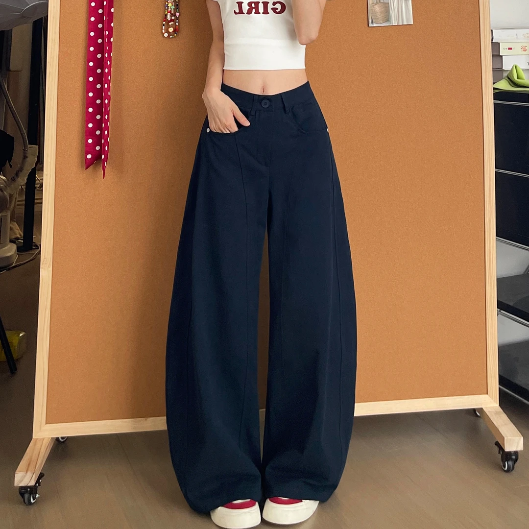 藏青色弯刀裤女夏季薄款2025新款高腰休闲风牛仔裤宽松显瘦阔腿裤