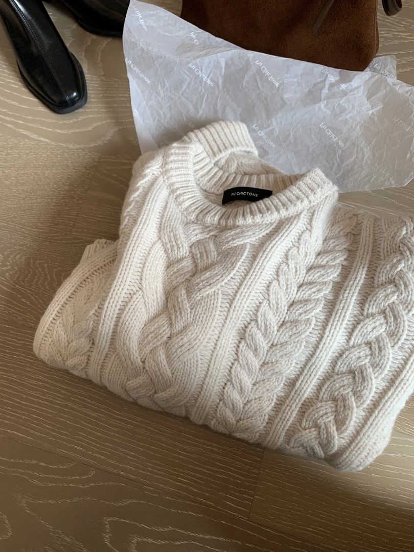 【朴大艺】燕麦吐司韩代款全羊毛重工粗线绞花麻花套头圆领毛衣3083