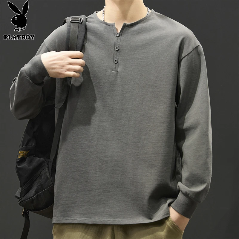 花花公子男士长袖t恤秋季潮流上衣2025秋冬款卫衣男款内搭打底衫