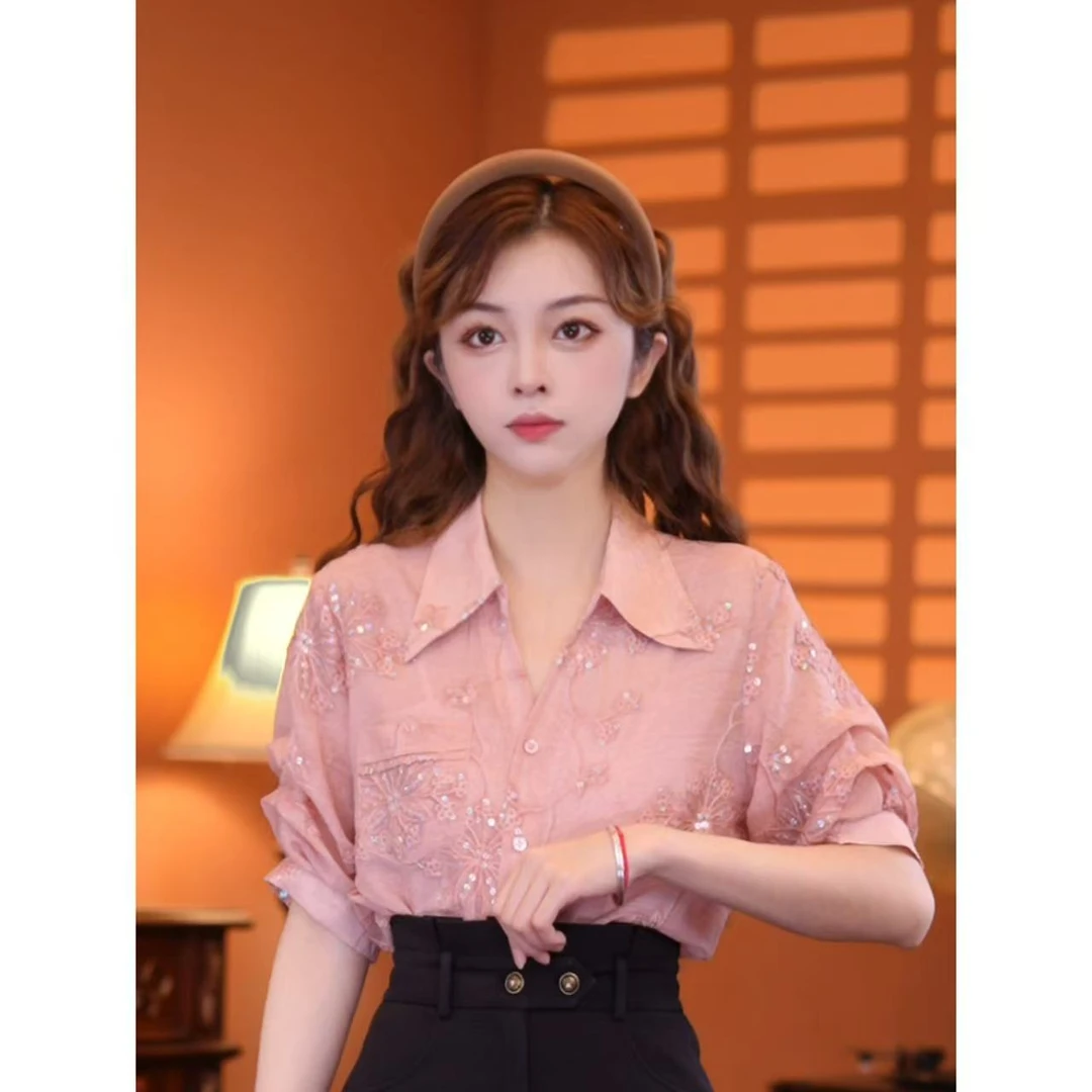 乐乐【漫香花语】港味复古时尚气质短袖上衣02393