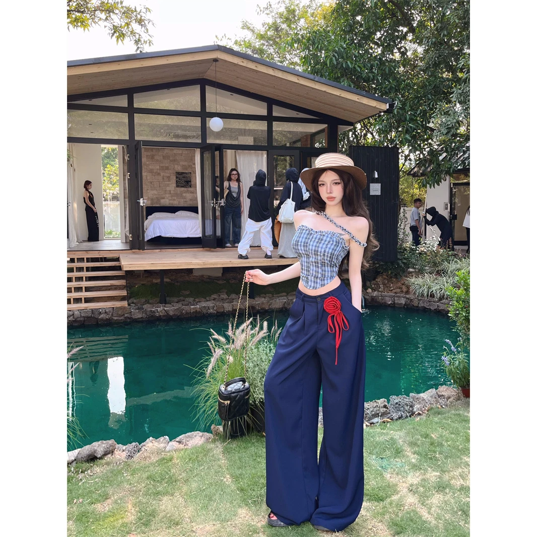 时尚甜辣妹蓝色格子抹胸背心套装女简约高腰百搭宽松阔腿裤两件套