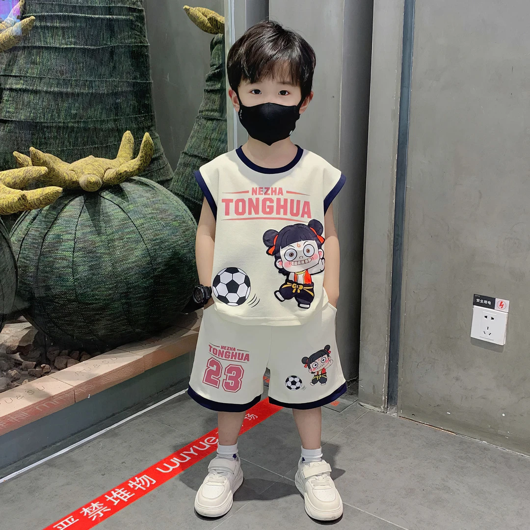 哪吒儿童无袖衣服2025新款男童夏装背心套装男孩潮酷宝宝运动夏装
