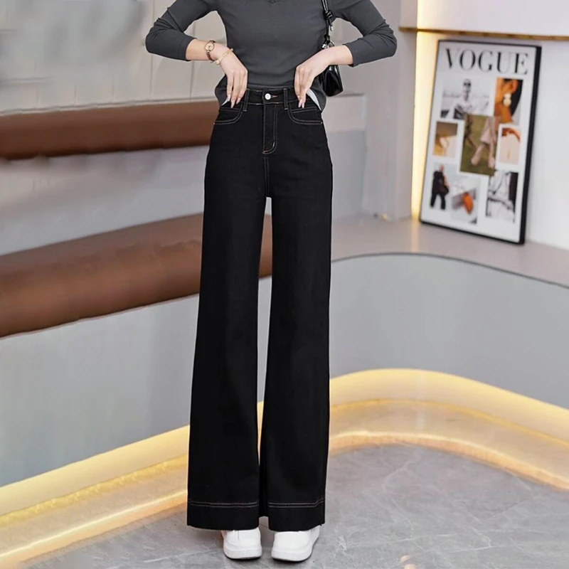 新款春季阔腿高腰显瘦黑色百搭不贴腿微喇弹力加绒宽松牛仔裤女