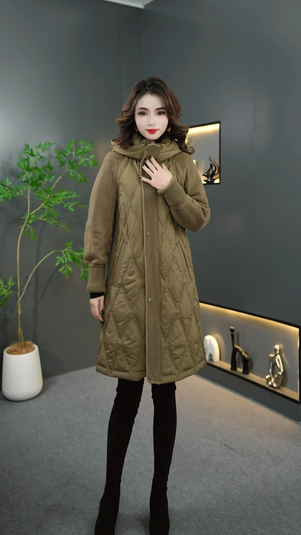 CP4661双拼2024冬装新款连帽大衣拼接羽绒服中长款显瘦