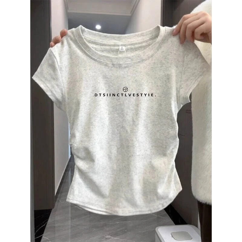 正肩灰色t恤女短袖夏季2025新款小众设计褶皱收腰显瘦上衣服