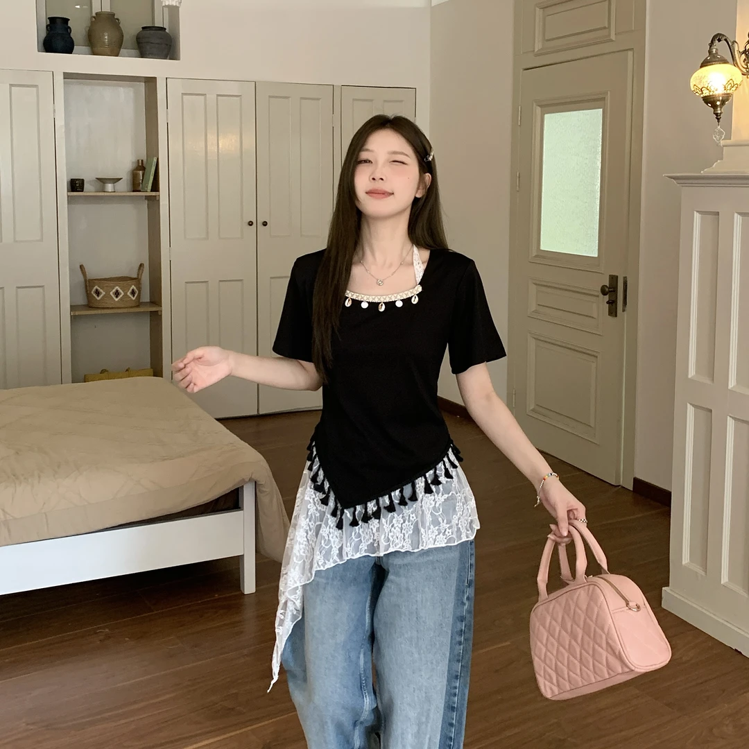 大码胖MM时尚流苏正肩短袖T恤女夏季纯欲不规则显瘦遮肉百搭上衣