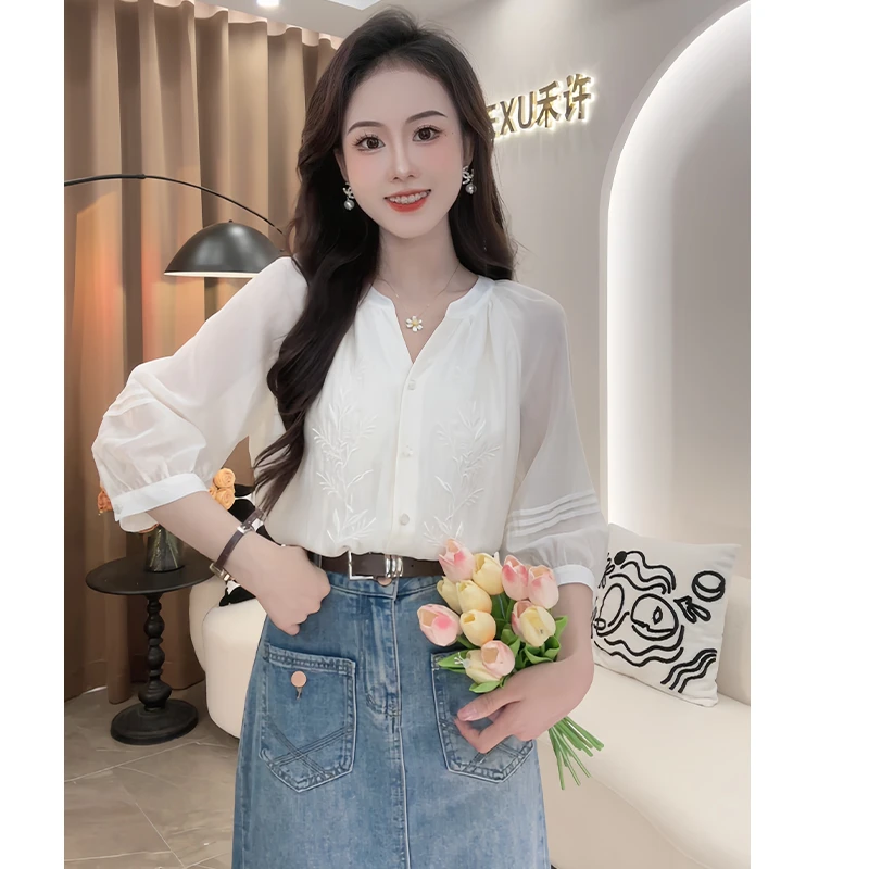 【大眼妹儿】TU18009百搭高级感v领小众七分袖衬衫宽松显瘦上衣