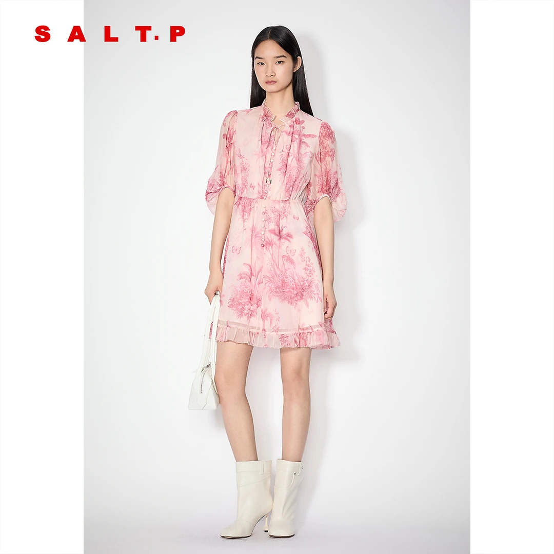 SALT.P可颜仙气粉色印花法式花边连衣裙短款2025夏季新款