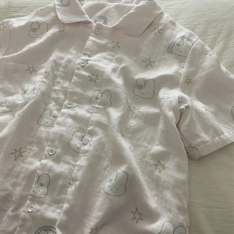 甜美小兔印花开衫睡衣女夏新款短袖短裤高级感少女宽松家居服套装