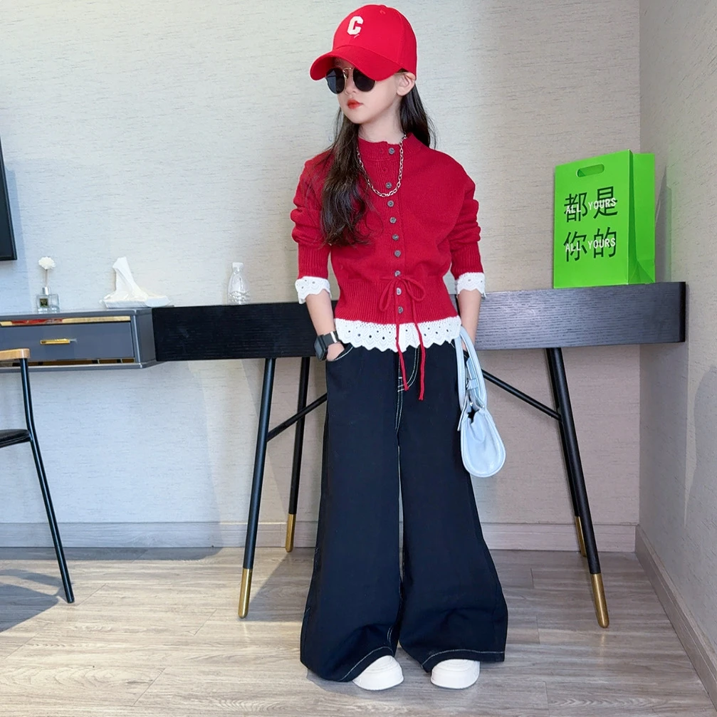 女童秋装套装2025新款秋冬洋气毛衣开衫针织衫女孩秋装牛仔阔腿裤