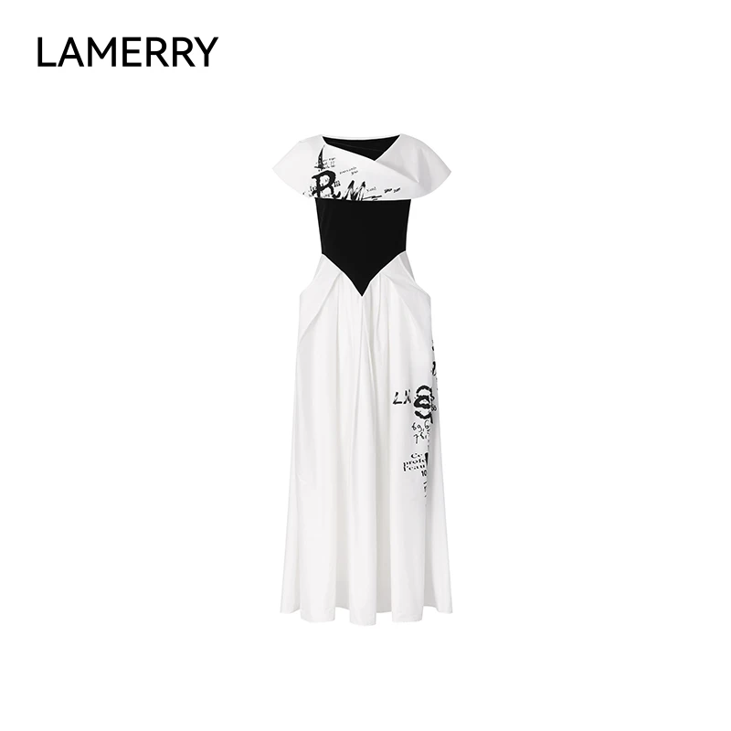 LAMERRY 白黑色优雅大翻领立裁倒褶复古印花百搭连衣裙 LWFS3L316
