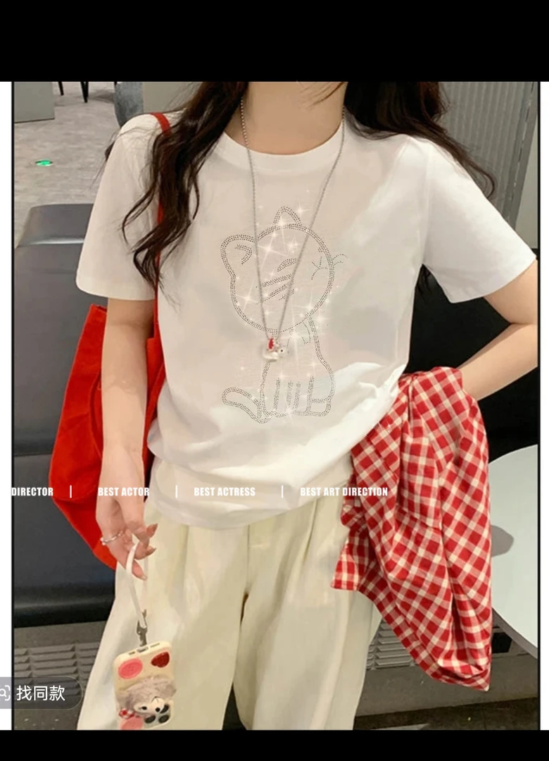 凉感冰丝烫钻短袖女夏装钻饰T恤女2025透气不闷热上衣  猫咪