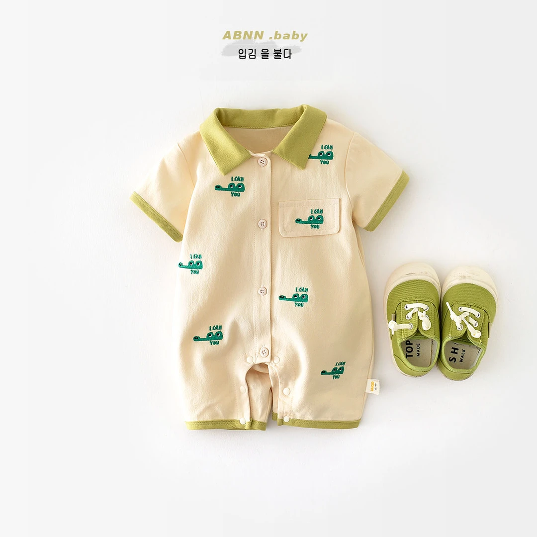 夏季新款婴儿连体衣宝宝鳄鱼刺绣翻领休闲短爬时尚薄款夏季哈衣