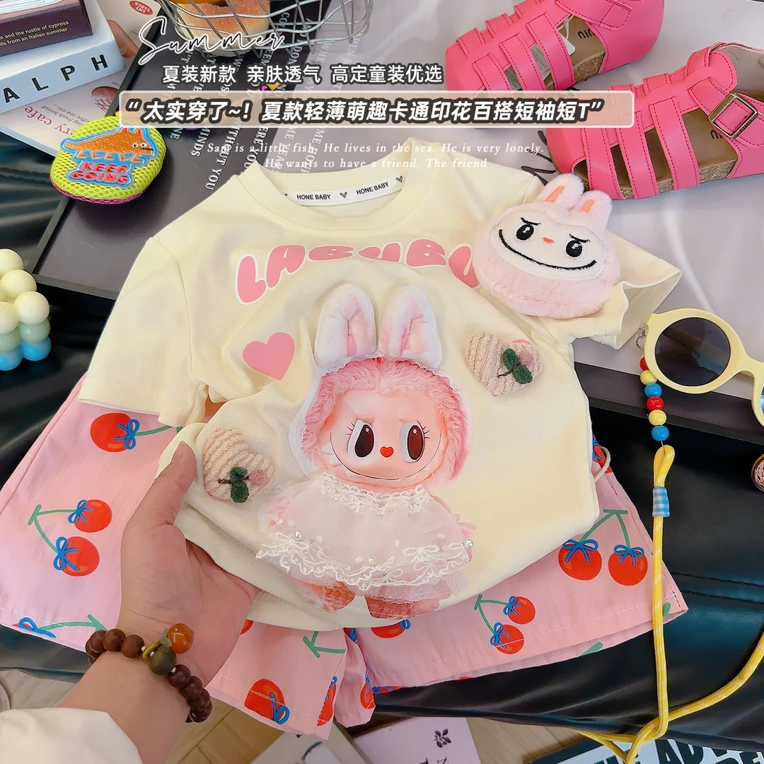 【粉色拉布布】夏季新款短袖T粉色拉布布立体玩偶袖口装女宝宝T