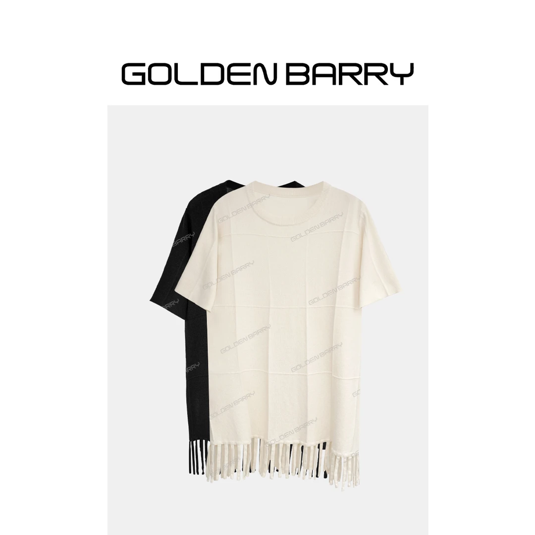 |246394流苏方格短袖针织上衣