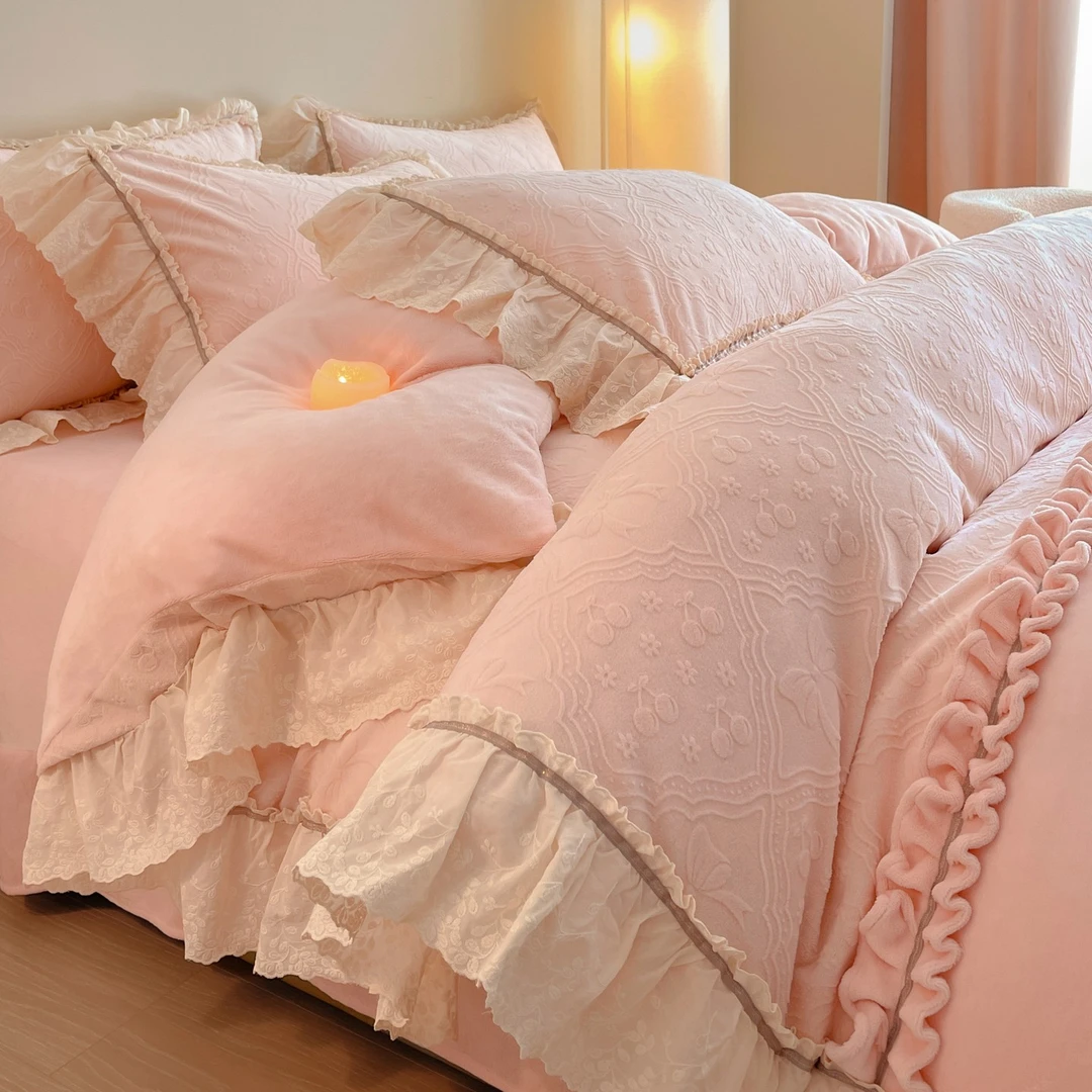 法式加厚雕花牛奶绒四件套冬季少女心床上用品珊瑚法兰绒被套床单