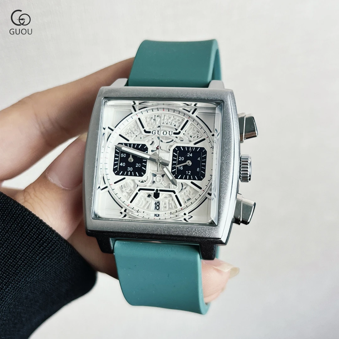 时尚方形大盘石英表酷炫重工金属风多功能夜光日历防水休闲腕表
