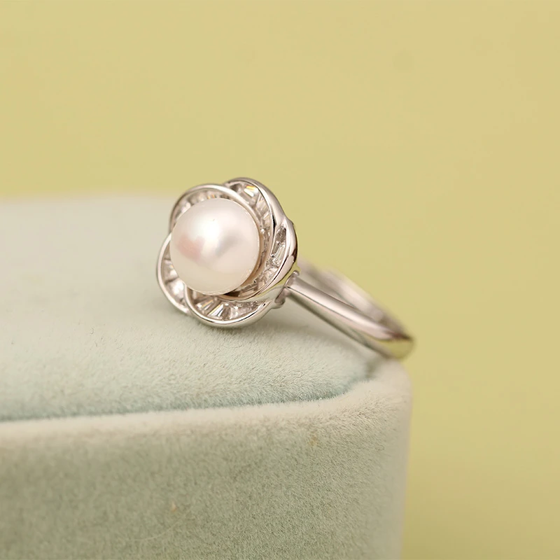 天然淡水珍珠戒指女S925纯银镶嵌开口时尚指环花朵气质国风戒子